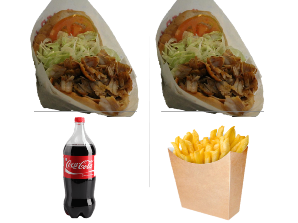 2 KEBAB 1 PATATAS GRANDE 1 BEBIDA DE 1LITRO
